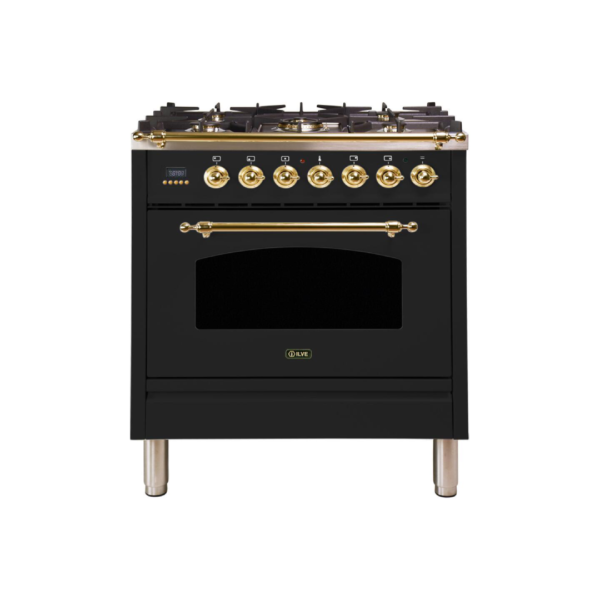 Nostalgie 30 Inch Dual Fuel Liquid Propane Freestanding Range in Glossy Black with Brass Trim