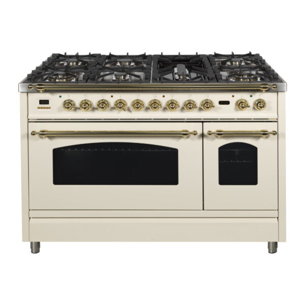 Nostalgie 48 Inch Dual Fuel Liquid Propane Freestanding Range in Antique White with Brass Trim