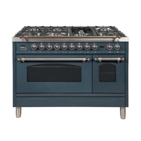 Nostalgie 48 Inch Dual Fuel Natural Gas Freestanding Range in Blue Grey with Bronze Trim