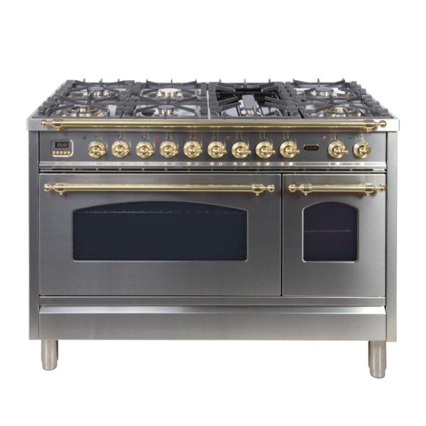 Nostalgie 48 Inch Dual Fuel Liquid Propane Freestanding Range in Stainless Steel with Brass Trim