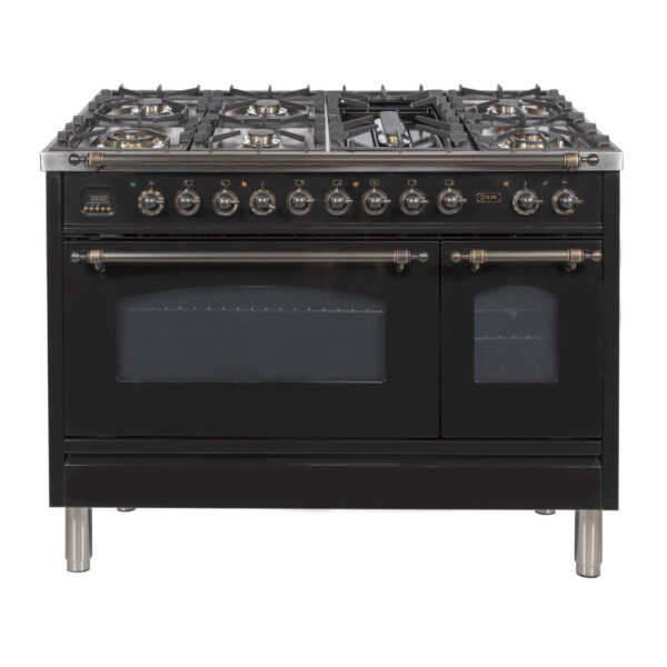 Nostalgie 48 Inch Dual Fuel Natural Gas Freestanding Range in Glossy Black with Bronze Trim