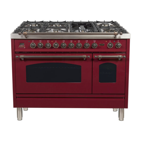 Nostalgie 48 Inch Dual Fuel Natural Gas Freestanding Range in Burgundy with Bronze Trim