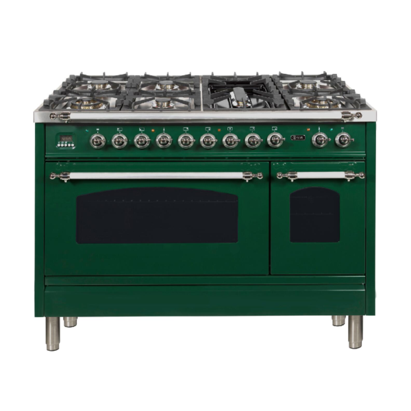 Nostalgie 48 Inch Dual Fuel Natural Gas Freestanding Range in Emerald Green with Chrome Trim