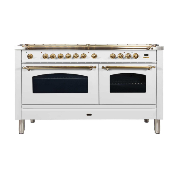 Nostalgie 60 Inch Dual Fuel Natural Gas Freestanding Range in White with Brass Trim