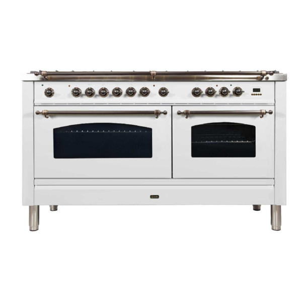 Nostalgie 60 Inch Dual Fuel Natural Gas Freestanding Range in White with Bronze Trim