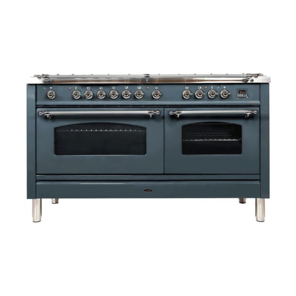 Nostalgie 60 Inch Dual Fuel Liquid Propane Freestanding Range in Blue Grey with Chrome Trim