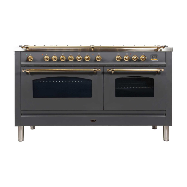 Nostalgie 60 Inch Dual Fuel Natural Gas Freestanding Range in Matte Graphite with Brass Trim