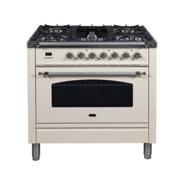 Nostalgie 36 Inch Dual Fuel Natural Gas Freestanding Range in Antique White with Chrome Trim