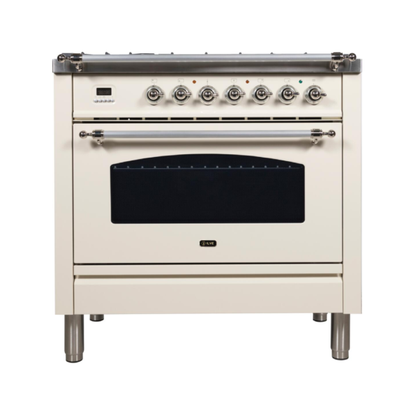 Nostalgie 36 Inch Dual Fuel Natural Gas Freestanding Range in Antique White with Chrome Trim - Image 2