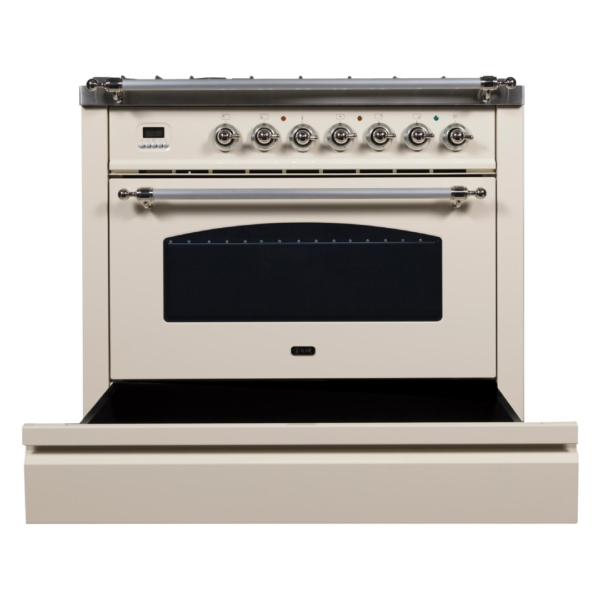 Nostalgie 36 Inch Dual Fuel Natural Gas Freestanding Range in Antique White with Chrome Trim - Image 4