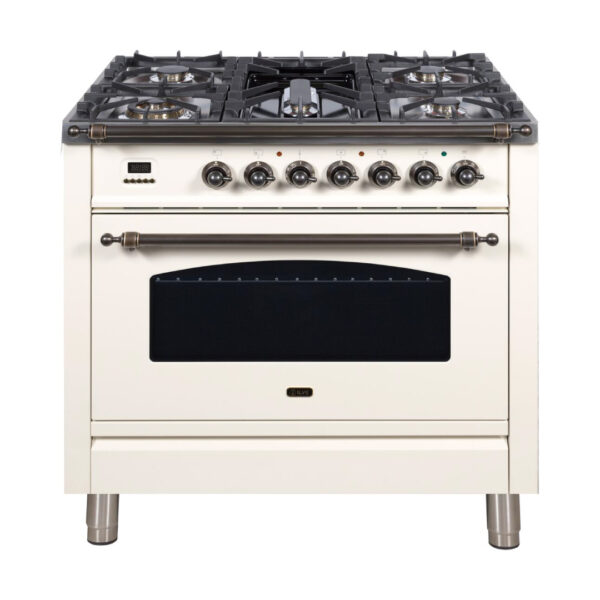 Nostalgie 36 Inch Dual Fuel Natural Gas Freestanding Range in Antique White with Bronze Trim