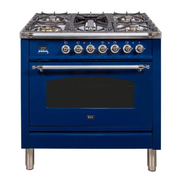 Nostalgie 36 Inch Dual Fuel Natural Gas Freestanding Range in Blue with Chrome Trim