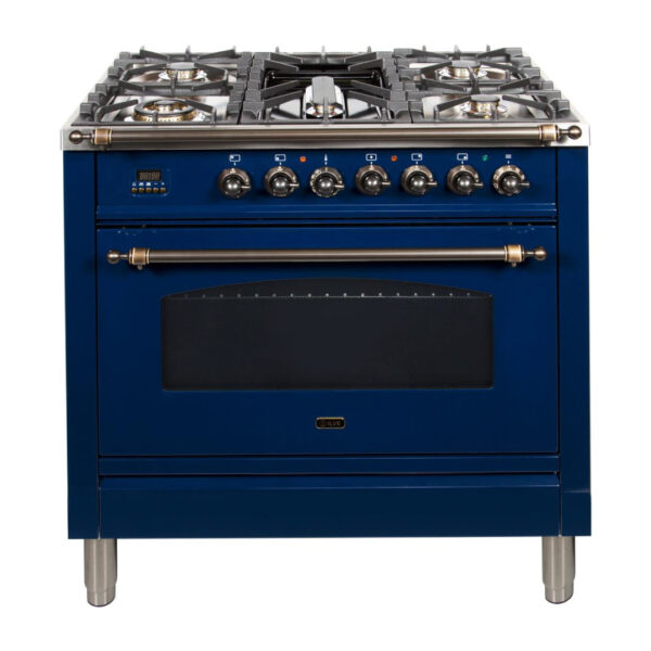 Nostalgie 36 Inch Dual Fuel Natural Gas Freestanding Range in Blue with Bronze Trim