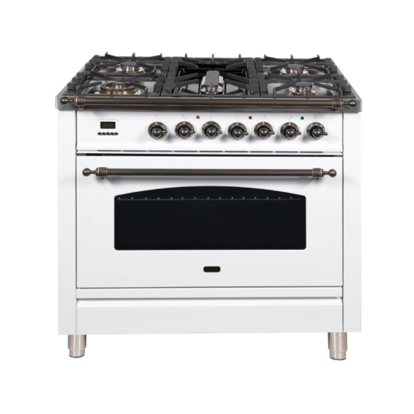 Nostalgie 36 Inch Dual Fuel Liquid Propane Freestanding Range in White with Bronze Trim