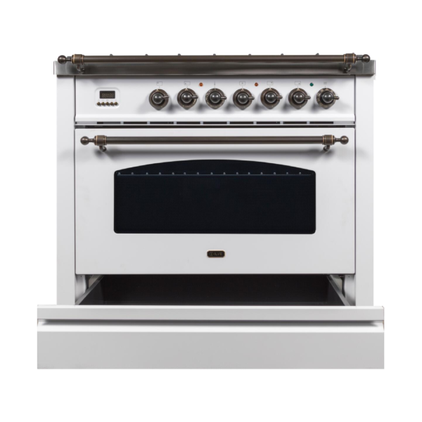 Nostalgie 36 Inch Dual Fuel Liquid Propane Freestanding Range in White with Bronze Trim - Image 4