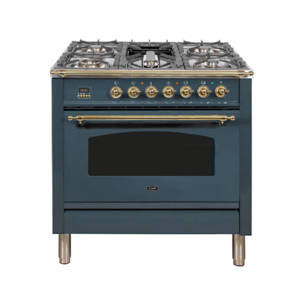 Nostalgie 36 Inch Dual Fuel Natural Gas Freestanding Range in Blue Grey with Brass Trim