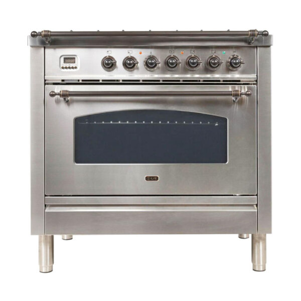 Nostalgie 36 Inch Dual Fuel Liquid Propane Freestanding Range in Stainless Steel with Bronze Trim