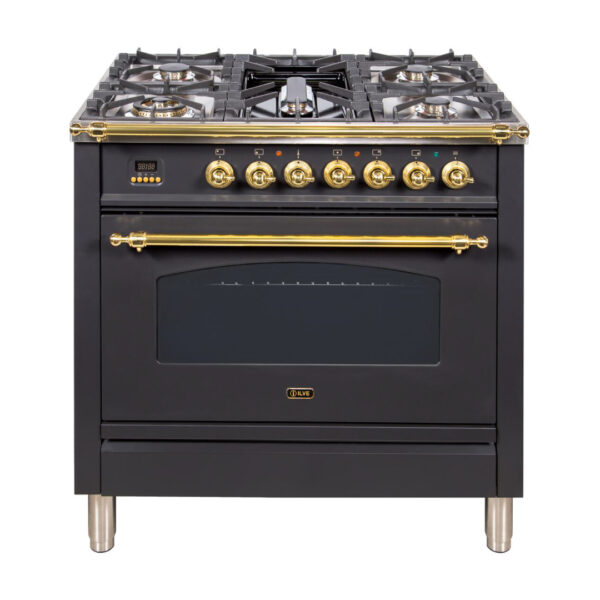 Nostalgie 36 Inch Dual Fuel Natural Gas Freestanding Range in Matte Graphite with Brass Trim