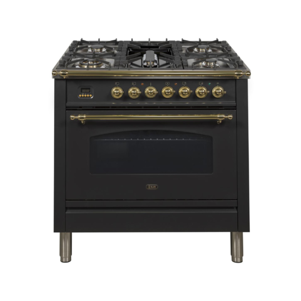 Nostalgie 36 Inch Dual Fuel Natural Gas Freestanding Range in Glossy Black with Brass Trim