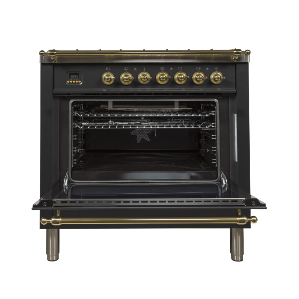 Nostalgie 36 Inch Dual Fuel Natural Gas Freestanding Range in Glossy Black with Brass Trim - Image 2