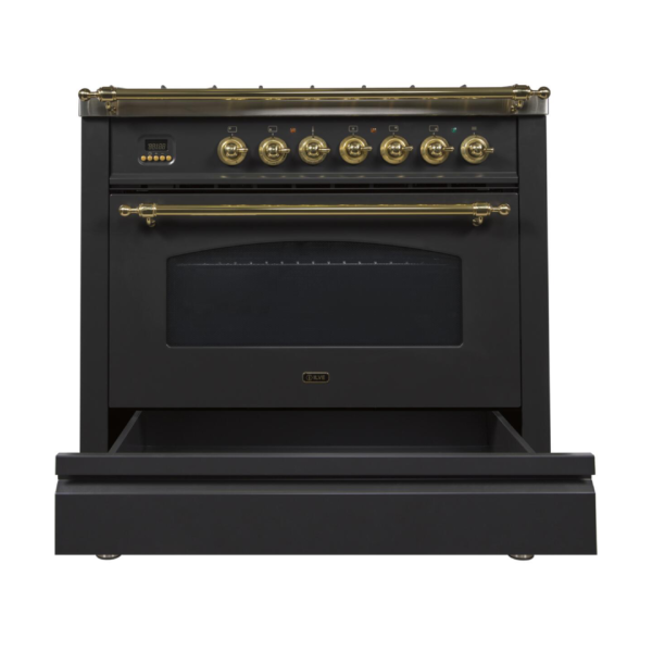 Nostalgie 36 Inch Dual Fuel Natural Gas Freestanding Range in Glossy Black with Brass Trim - Image 3