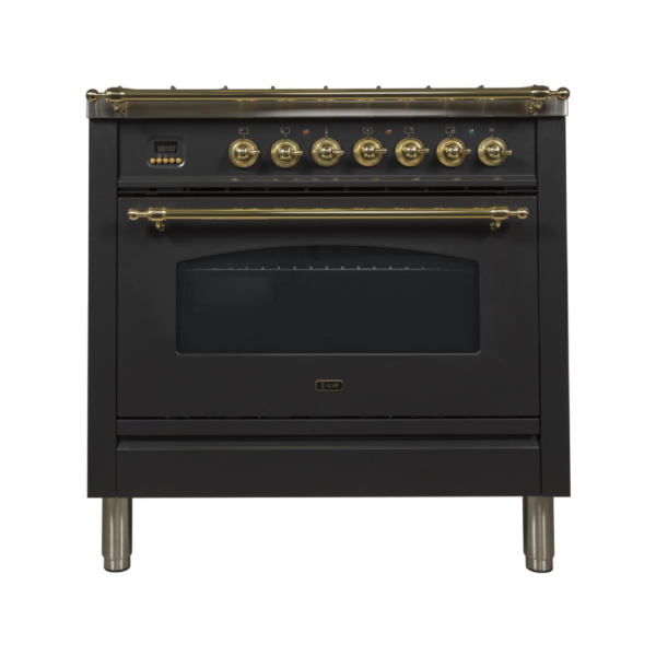 Nostalgie 36 Inch Dual Fuel Natural Gas Freestanding Range in Glossy Black with Brass Trim - Image 4