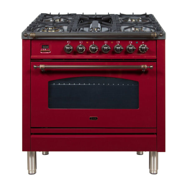 Nostalgie 36 Inch Dual Fuel Natural Gas Freestanding Range in Burgundy with Bronze Trim