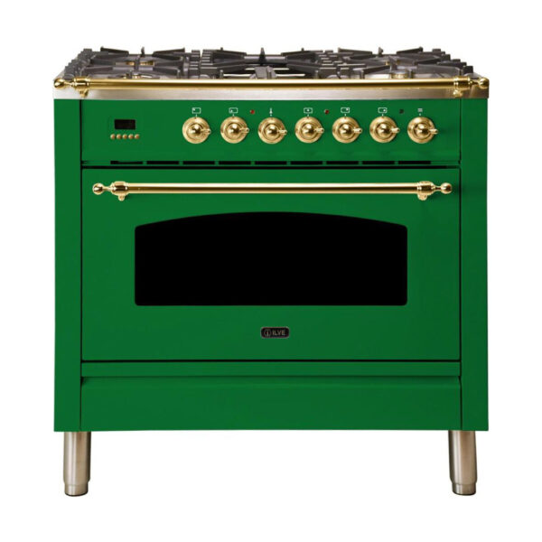 Nostalgie 36 Inch Dual Fuel Natural Gas Freestanding Range in Emerald Green with Brass Trim