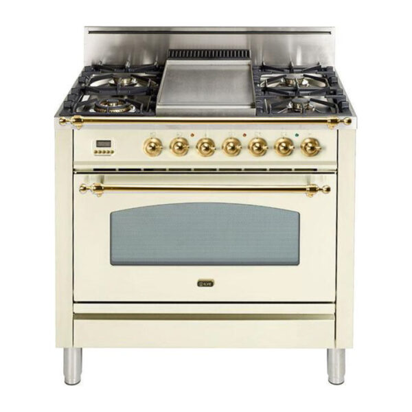 Nostalgie 36 Inch Gas Liquid Propane Freestanding Range in Antique White with Brass Trim