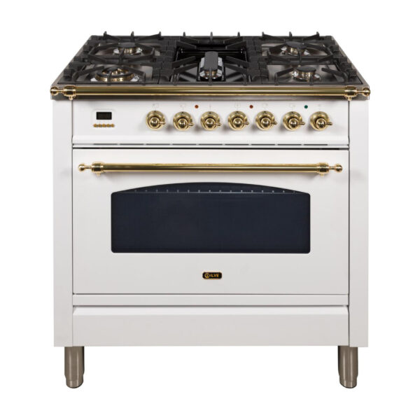 Nostalgie 36 Inch Gas Liquid Propane Freestanding Range in White with Brass Trim