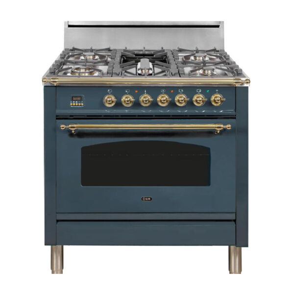 Nostalgie 36 Inch Gas Natural Gas Freestanding Range in Blue Grey with Brass Trim