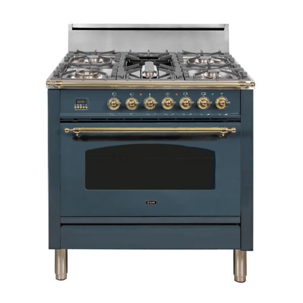 Nostalgie 36 Inch Gas Liquid Propane Freestanding Range in Blue Grey with Brass Trim