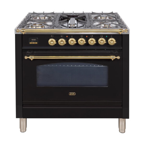 Nostalgie 36 Inch Gas Liquid Propane Freestanding Range in Glossy Black with Brass Trim