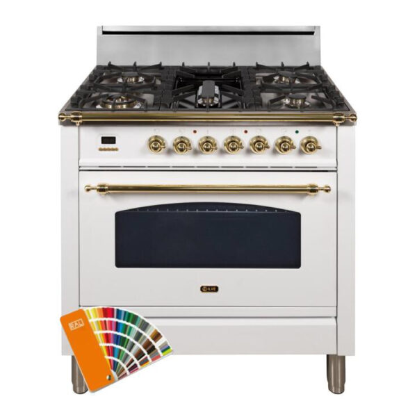 Nostalgie 36 Inch Gas Natural Gas Freestanding Range in Custom RAL Color with Brass Trim