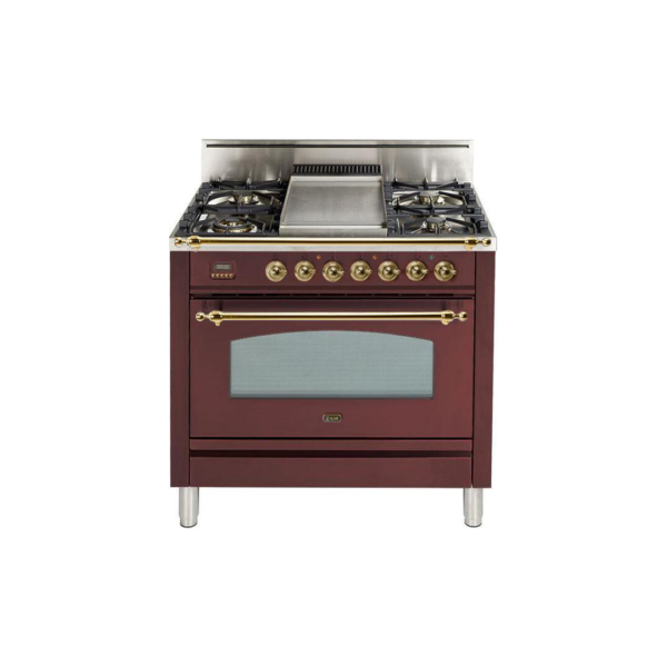 Nostalgie 36 Inch Gas Natural Gas Freestanding Range in Burgundy with Brass Trim