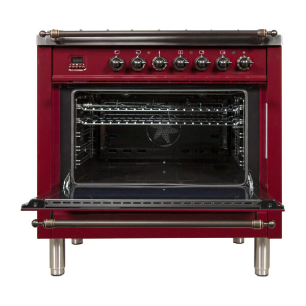 Nostalgie 36 Inch Dual Fuel Natural Gas Freestanding Range in Burgundy with Bronze Trim - Image 2