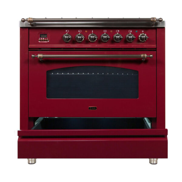 Nostalgie 36 Inch Dual Fuel Natural Gas Freestanding Range in Burgundy with Bronze Trim - Image 3