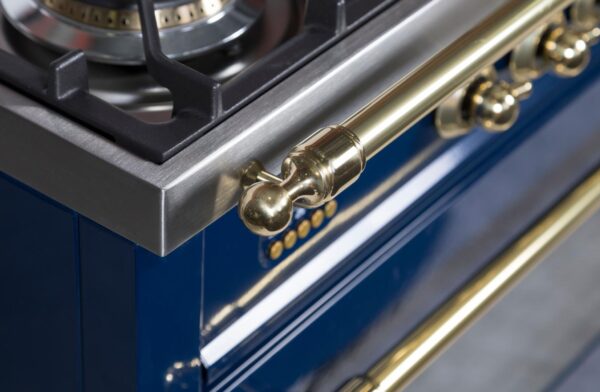 Nostalgie 36 Inch Dual Fuel Liquid Propane Freestanding Range in Blue with Brass Trim - Image 4