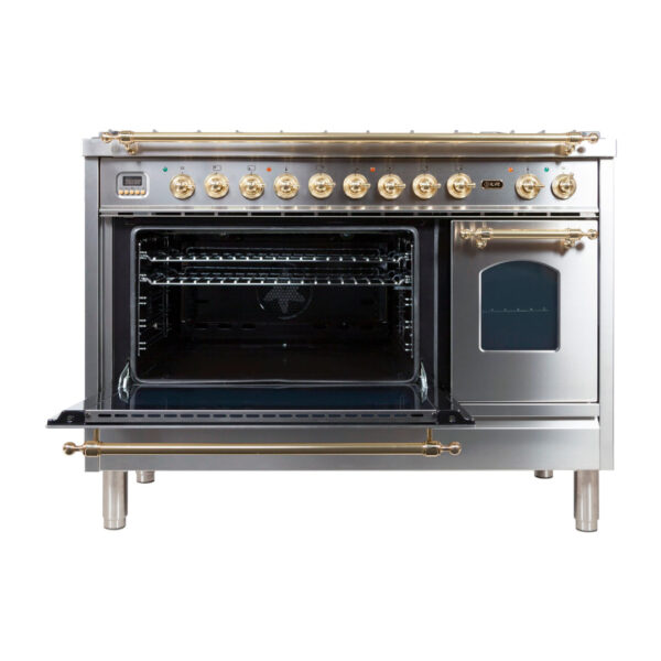 Nostalgie 48 Inch Dual Fuel Natural Gas Freestanding Range in Stainless Steel with Brass Trim - Image 3