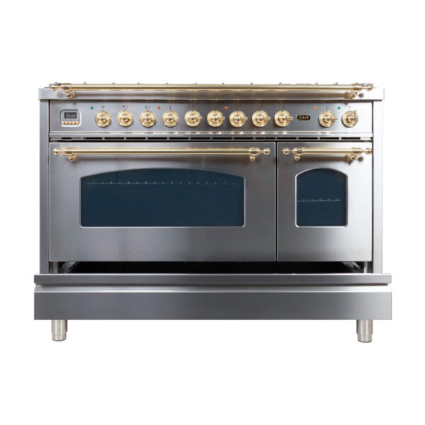 Nostalgie 48 Inch Dual Fuel Natural Gas Freestanding Range in Stainless Steel with Brass Trim - Image 4