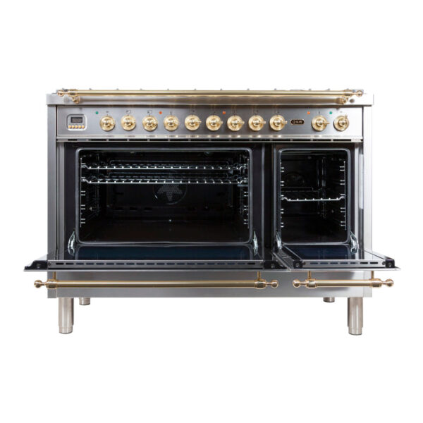 Nostalgie 48 Inch Dual Fuel Natural Gas Freestanding Range in Stainless Steel with Brass Trim - Image 6