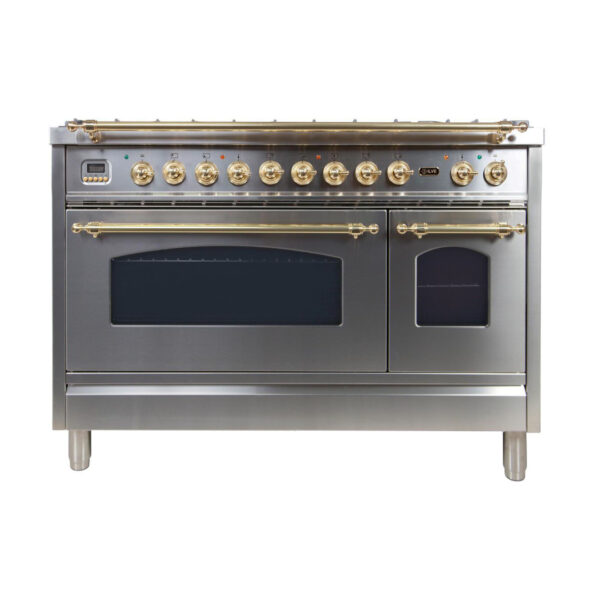 Nostalgie 48 Inch Dual Fuel Natural Gas Freestanding Range in Stainless Steel with Brass Trim - Image 7