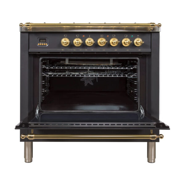 Nostalgie 36 Inch Dual Fuel Natural Gas Freestanding Range in Matte Graphite with Brass Trim - Image 2