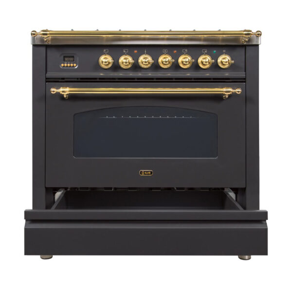 Nostalgie 36 Inch Dual Fuel Natural Gas Freestanding Range in Matte Graphite with Brass Trim - Image 3