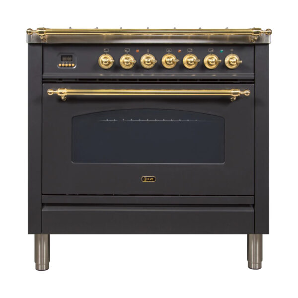 Nostalgie 36 Inch Dual Fuel Natural Gas Freestanding Range in Matte Graphite with Brass Trim - Image 4