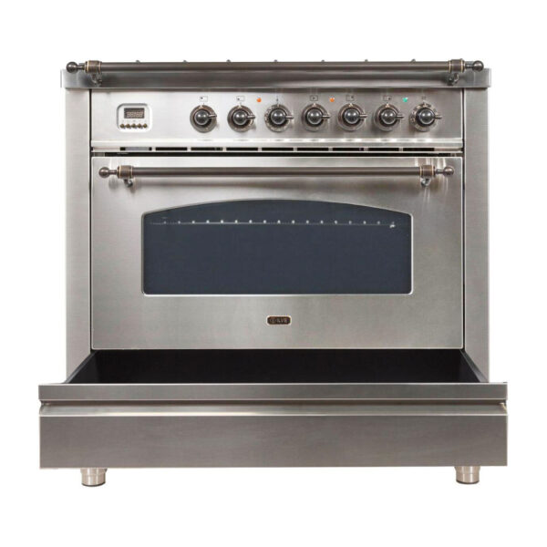 Nostalgie 36 Inch Dual Fuel Liquid Propane Freestanding Range in Stainless Steel with Bronze Trim - Image 4