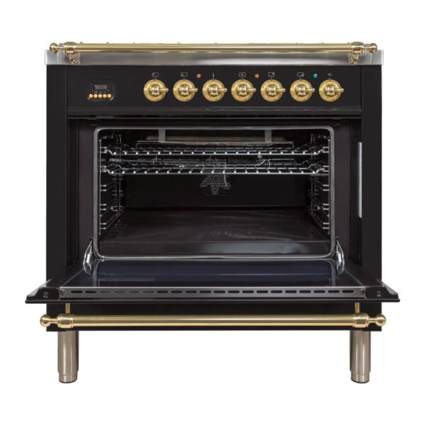 Nostalgie 36 Inch Gas Liquid Propane Freestanding Range in Glossy Black with Brass Trim - Image 2