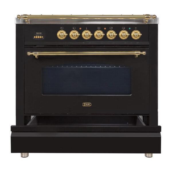 Nostalgie 36 Inch Gas Liquid Propane Freestanding Range in Glossy Black with Brass Trim - Image 3