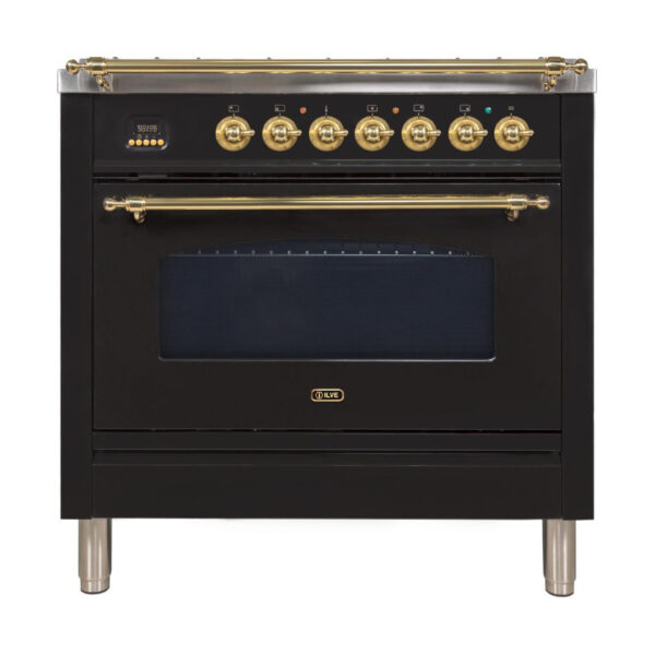 Nostalgie 36 Inch Gas Liquid Propane Freestanding Range in Glossy Black with Brass Trim - Image 4