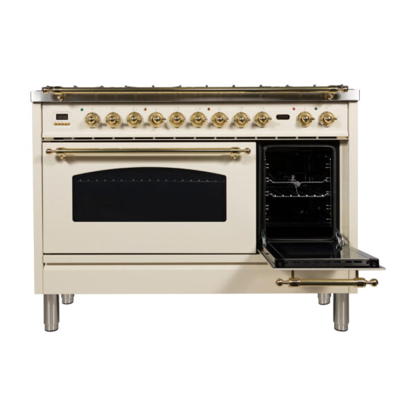 Nostalgie 48 Inch Dual Fuel Liquid Propane Freestanding Range in Antique White with Brass Trim - Image 8